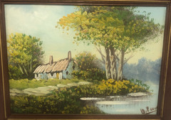 Oil Painting, Picture, 14.5″ x 11.5″, Landscape, White Barn, Framed, Signed