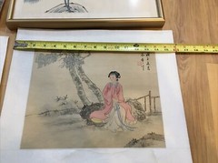 4 VTG Asian Watercolor on Silk Chinese Painting 15.5X13.25″ Woman lady crane lot