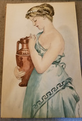 Neo classical Greek Influence 1900s water color Goddess w Ewer framed w glass