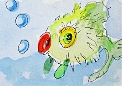 Puffer Fish watercolor painting art miniature collectible art Delilah