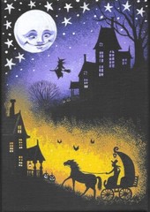 ACEO PRINT OF PAINTING RYTA HALLOWEEN HAUNTED HOUSE WITCH FULL MOON Folk Art 🎃