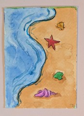 ACEO Original Art Card Watercolor Painting beach seashells 2.5 x 3.5