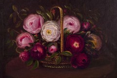 Danish painter. Oil on canvas. Still life with roses in basket. Late 19th C