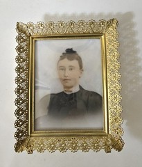 Antique Handpainted Porcelain Woman’s Portrait 4 3/8″ X 5 3/8″ Gold Lace Frame
