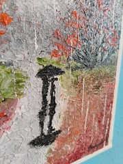 Original Rainy Park Acrylic SIGNED Painting 8×10 Red Black White Tree Couple Art