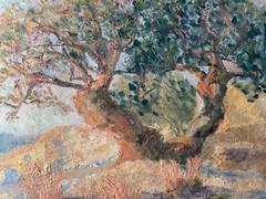 MERRITT CHASE ( circle ) – OLIVE TREE – IMPRESSIONISM ANTIQUE OIL PAINTING 19TH