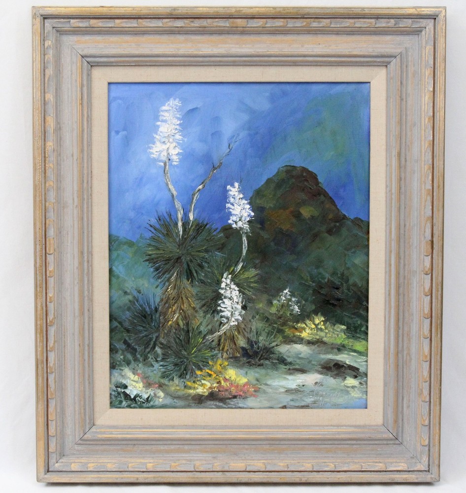 Alix Stefan 16×20 Vintage Oil Painting Desert Yucca Flower Carved Mexican Frame