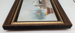 Original Oil Painting Signed Fleet Framed Harbor Scene Fishing Junk Sailing Boat