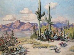 LOUISE EVERETT 1931 ARIZONA IMPRESSIONIST DESERT LANDSCAPE ANTIQUE OIL PAINTING