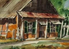 MCM 20thC CALIFORNIA WATERCOLOR MODERNIST PAINTING Muriel Backman COUNTRY HOUSE