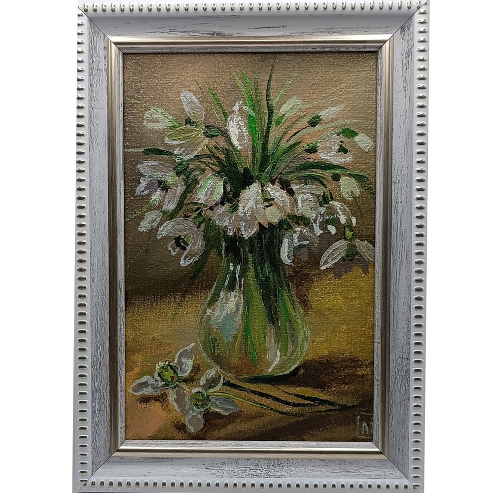 Original Snowdrops Oil Painting Framed Miniature White Spring Flowers Art 4×6