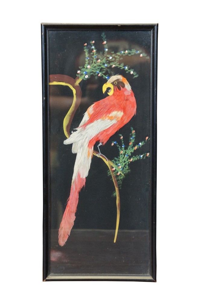 Mid Century Mexican Mixed Media Feather Folk Art Parrot Cockatoo Painting 15″