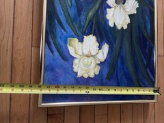 Original Framed Oil Art Floral Yellow Iris on a blue Background Signed 24”x18”