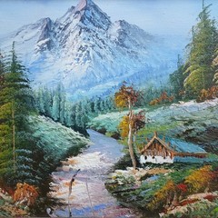 Rustic Western Landscape Oil Painting Mountain Cabin Ponderosa Pines Framed 12″