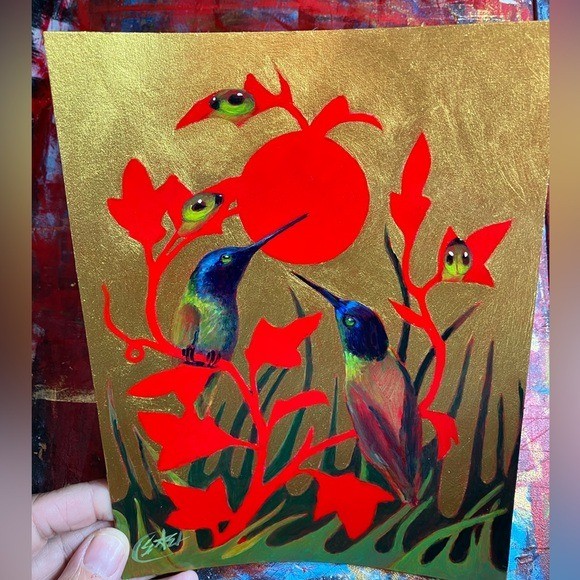 Original Hummingbird painting Art Gold Red Birds Unique gift surreal Artettina