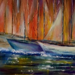 original abstract oil painting on canvas Ship marina boats sailboats sunset glft