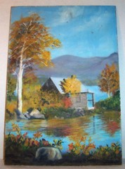 Autumn Cabin on Lake Vintage Gouache Landscape Painting Signed Davis Cottage