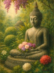 BUDDHA. Tranquility. Painting Giclee Canvas 16×20″ with Mat Frame