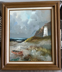ORIGINAL SIGNED BEAUTIFUL LIGHT HOUSE PAINTING ON CANVAS WOOD FRAME 31 “ X 27″