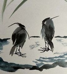 Original Sumi Ink Watercolor Painting Birds Artist Seal With Signature