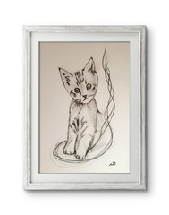 ORIGINAL PENCIL SKETCH 12×16 CUTE CAT ABSTRACT WALL ART HAND DRAWN ON PAPER