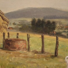 Signed painting artwork oil on board bucolic landscape art 20th century