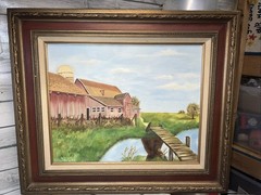 Original Oil Painting Rustic Farm Barn 23.5”x27.5 Vintage Framed Signed