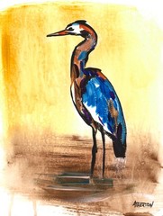 9×12 Original Blue Heron Painting Crane Bird Wildlife Art Coastal Marsh Nature