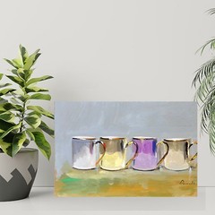 VINTAGE WHITE gold and pink cups Oil Painting 8x12in UKRANE
