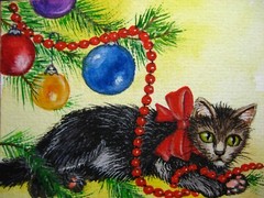Watercolor Painting Christmas Tree Cat Kitten Winter Holidays ACEO Art