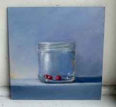 Signed Original Painting Of Cherries In A Glass Acrtlic On Gesso Board 8” X 8”