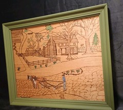 Large 18.5 X 21.5 Vintage Pyrography/Carved Wooden Green Frame Country Landscape