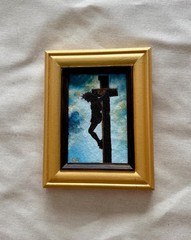Original Miniature Oil Painting, Jesus on Cross Religious Art, Solid Wood Frame
