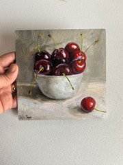 Sweet ripe cherry fruit still life oil painting 6×6″