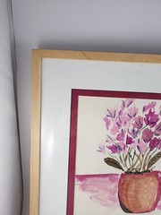 Floral Watercolor Painting Framed Matted Signed Adam Pink Flowers in Vase 20×16″