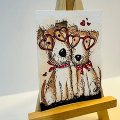 Cute Dog Couple Heart Glasses ACEO Original Watercolor Painting Folk Art OOAK
