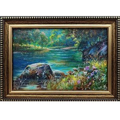 Original Oil Painting Forest Landscape with River 6×4 in Signed Framed