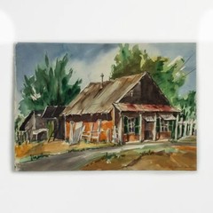 MCM 20thC CALIFORNIA WATERCOLOR MODERNIST PAINTING Muriel Backman COUNTRY HOUSE