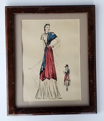 Original Vintage 1940’s Hollywood Regency Fashion Illustration #1, Signed
