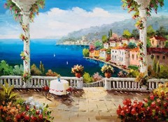 Mediterranean View #5L-B13, 36×48 – 100% Hand painted Oil Painting on Canvas