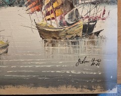 Vintage Hong Kong China Harbor Oil Painting On Canvas By John Ho 24 x 20 x 1