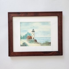 Vintage Lighthouse Watercolor Painting Framed Original Coastal Seascape Art