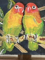 ORIGINAL Colorful LOVE BIRDS Parrots SIGNED R. Eckert FRAMED Black/Green/Yellow