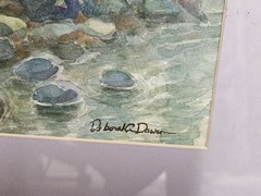 Deborah C Dawson Signed Watercolor Forest Rock Landscape Birds 21¼“x 21¼“ Framed