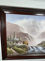 R Boren Oil Painting Landscape Mountain View Cabin River Waterfall Side Framed