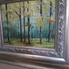 Oil On Canvas Impressionist Painting Green Forest Unsigned Silver Ornate Frame
