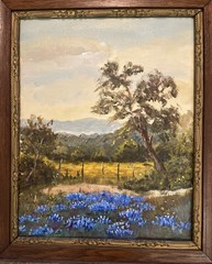 Beautiful Bluebonnet Oil Painting-Texas Hill Country Landscape-Antique Frame