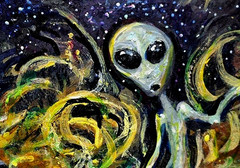 Original ACEO Painting ALIEN Cornfield Stars FARM Martian Universe UFO ATC ART