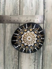 Artisan Hand Painted Rock | Mandala Gold + Pearl White Dot Art