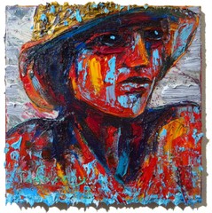 ORIGINAL OIL█PAINTING VINTAGE ART█SIGNED sea OUTSIDER BEACH WOMAN GIRL HAT FAUVE